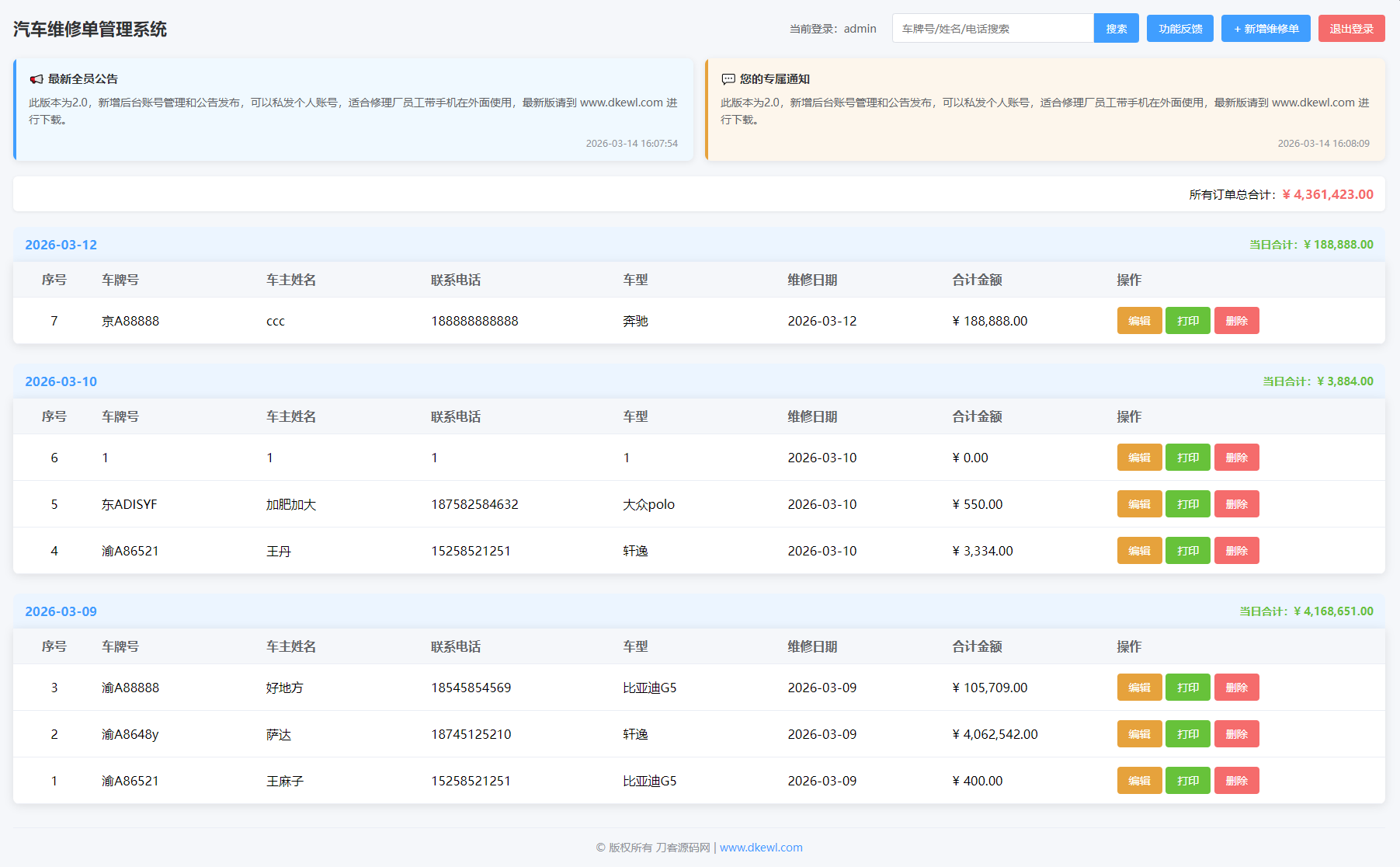 汽修单管理系统源码-七星源码